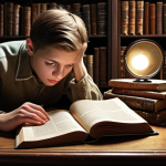 **A student hunched over a classic Russian literature book, surrounded by stacks of similar books, a magnifying glass resting on the open page. The background shows faint images of historical events and figures related to the author and the book's context. Dramatic lighting highlights the intensity of the student's focus.**