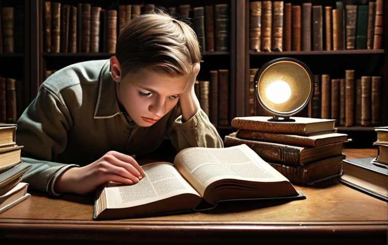 **A student hunched over a classic Russian literature book, surrounded by stacks of similar books, a magnifying glass resting on the open page. The background shows faint images of historical events and figures related to the author and the book's context. Dramatic lighting highlights the intensity of the student's focus.**