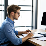 A focused young professional, fully clothed in a modest business casual outfit, sitting at a clean, organized desk in a modern, brightly lit office space. A laptop, a neat stack of papers, and an open planner are visible on the desk. The subject is in a natural pose, looking thoughtfully at the screen or notes, with hands resting calmly. The image conveys a serene, concentrated, and productive atmosphere. Professional photography, sharp focus, natural lighting, appropriate attire, safe for work, appropriate content, professional, perfect anatomy, correct proportions, natural pose, well-formed hands, proper finger count, natural body proportions.