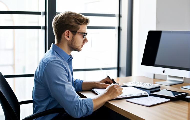 A focused young professional, fully clothed in a modest business casual outfit, sitting at a clean, organized desk in a modern, brightly lit office space. A laptop, a neat stack of papers, and an open planner are visible on the desk. The subject is in a natural pose, looking thoughtfully at the screen or notes, with hands resting calmly. The image conveys a serene, concentrated, and productive atmosphere. Professional photography, sharp focus, natural lighting, appropriate attire, safe for work, appropriate content, professional, perfect anatomy, correct proportions, natural pose, well-formed hands, proper finger count, natural body proportions.