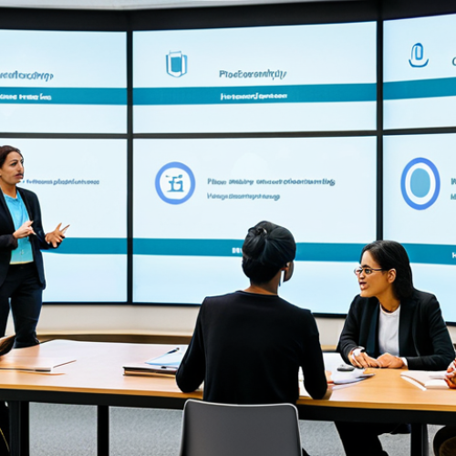A diverse group of professional adults, including men and women of various ethnicities, engaged in a collaborative discussion around a large interactive screen in a modern, well-lit university library. They are fully clothed in professional, modest attire, actively listening and contributing, symbolizing critical thinking and understanding human context in the digital age. The scene is well-composed, with a natural pose and correct proportions, showcasing perfect anatomy, well-formed hands, and proper finger count. The atmosphere is intellectual and collaborative. safe for work, appropriate content, fully clothed, family-friendly, high quality professional photography.