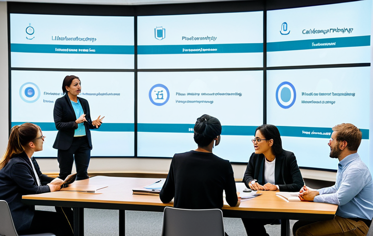 A diverse group of professional adults, including men and women of various ethnicities, engaged in a collaborative discussion around a large interactive screen in a modern, well-lit university library. They are fully clothed in professional, modest attire, actively listening and contributing, symbolizing critical thinking and understanding human context in the digital age. The scene is well-composed, with a natural pose and correct proportions, showcasing perfect anatomy, well-formed hands, and proper finger count. The atmosphere is intellectual and collaborative. safe for work, appropriate content, fully clothed, family-friendly, high quality professional photography.