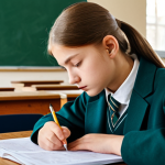 A focused Russian high school student, male or female, in a modest school uniform, sits intently at a classic wooden desk in a well-lit, quiet classroom. The student is looking at an exam paper, a pen in hand, demonstrating deep concentration on the task. The atmosphere captures the seriousness and mental preparedness of a mock examination. Professional photography, high resolution, realistic rendering, perfect anatomy, correct proportions, natural pose, well-formed hands, proper finger count, natural body proportions. Fully clothed, appropriate attire, professional dress, safe for work, appropriate content, modest, family-friendly.