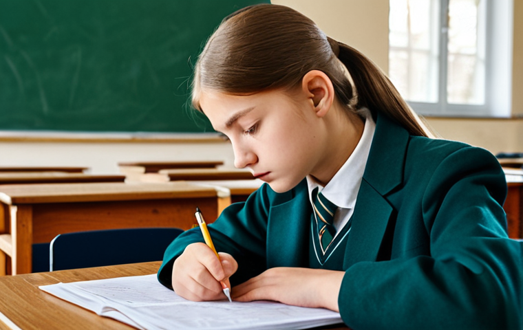 A focused Russian high school student, male or female, in a modest school uniform, sits intently at a classic wooden desk in a well-lit, quiet classroom. The student is looking at an exam paper, a pen in hand, demonstrating deep concentration on the task. The atmosphere captures the seriousness and mental preparedness of a mock examination. Professional photography, high resolution, realistic rendering, perfect anatomy, correct proportions, natural pose, well-formed hands, proper finger count, natural body proportions. Fully clothed, appropriate attire, professional dress, safe for work, appropriate content, modest, family-friendly.