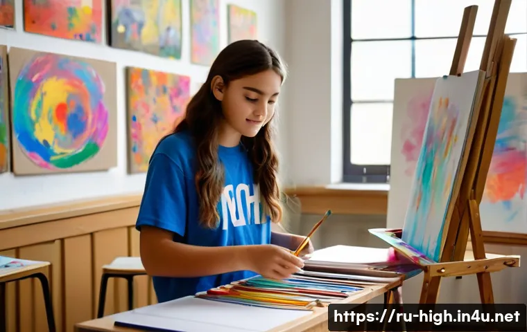 고등학교 예체능 계열 진학 전략 - A bright and inspiring art classroom scene featuring a teenage student wearing casual clothes and sk...