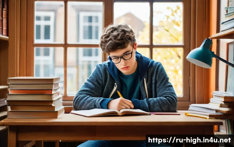 고등학교 사회탐구 과목 선택법 - A thoughtful high school student sitting at a wooden desk in a cozy study room filled with books on ...