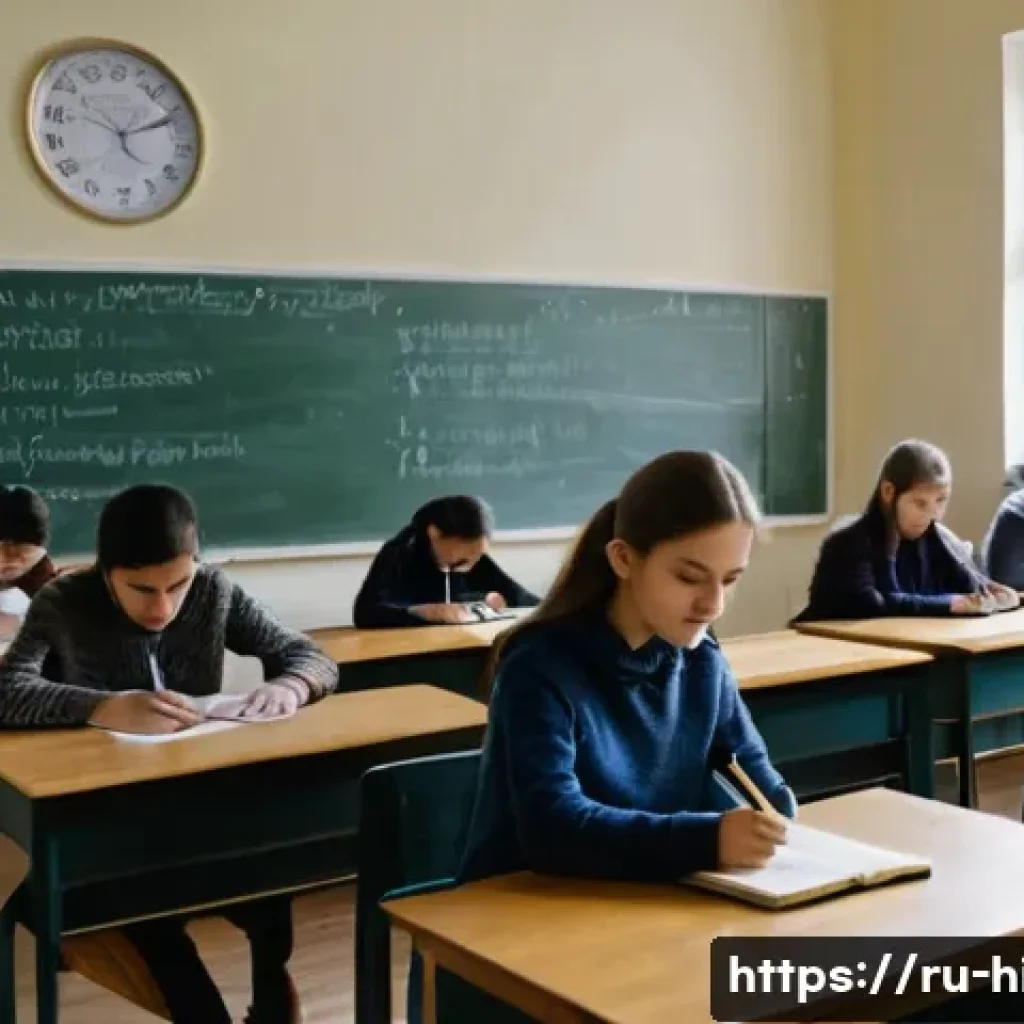 논술전형 대학별 차이 - A diverse university exam scene in a modern Russian classroom, featuring students of various ethnic ...