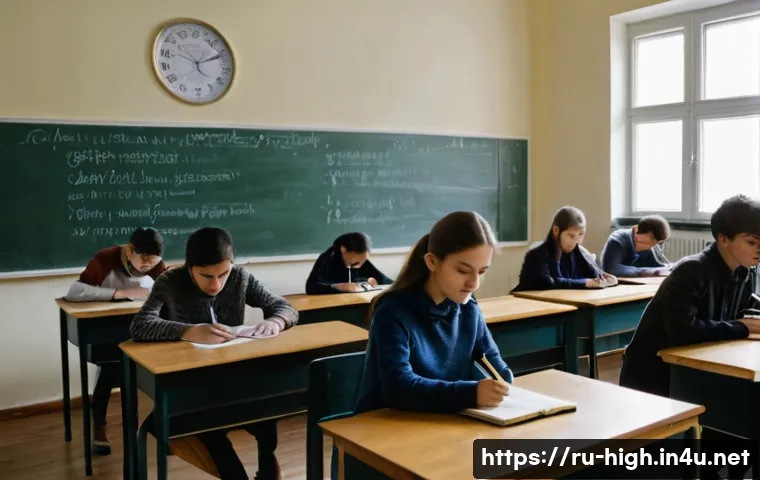 논술전형 대학별 차이 - A diverse university exam scene in a modern Russian classroom, featuring students of various ethnic ...