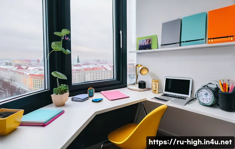 고등학교 학습습관 형성법 - A cozy study room in a modern Russian home, featuring a neatly organized desk with good lighting, a ...