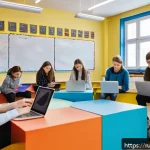 Home 21 고등학교에서 창의성 기르는 법 - A vibrant classroom scene in a modern Russian high school where diverse students collaborate on a cr...