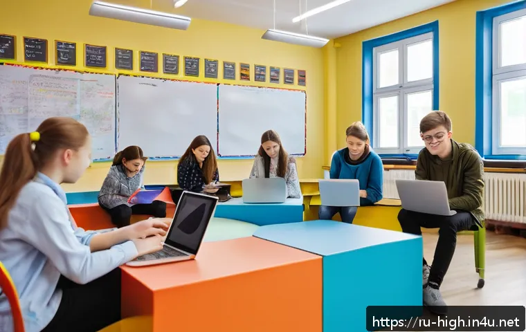 고등학교에서 창의성 기르는 법 - A vibrant classroom scene in a modern Russian high school where diverse students collaborate on a cr...