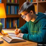 Home 19 고등학교 국어 문학 필수 개념 - A cozy study room scene with a teenage student sitting at a wooden desk surrounded by open books and...