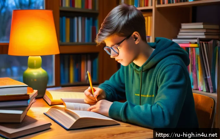 고등학교 국어 문학 필수 개념 - A cozy study room scene with a teenage student sitting at a wooden desk surrounded by open books and...
