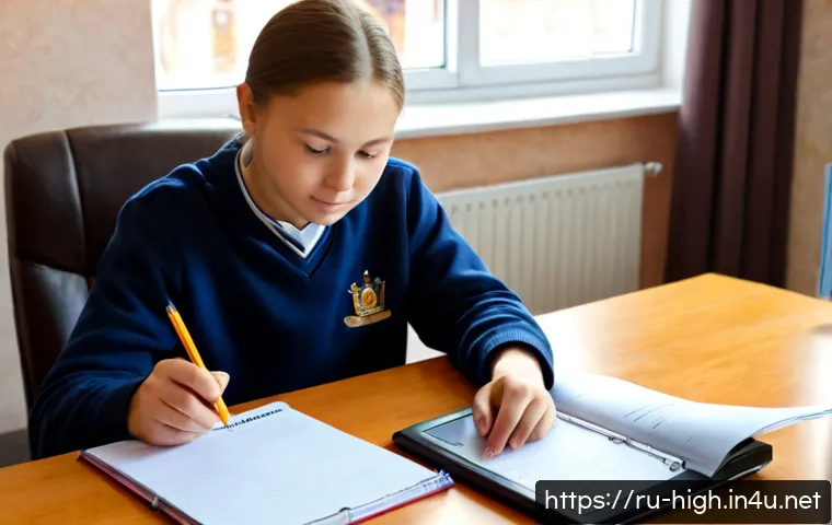 고등학교 장학금 종류 및 신청법 - Photorealistic Russian high school student and parent seated at a tidy home desk, reviewing scholars...